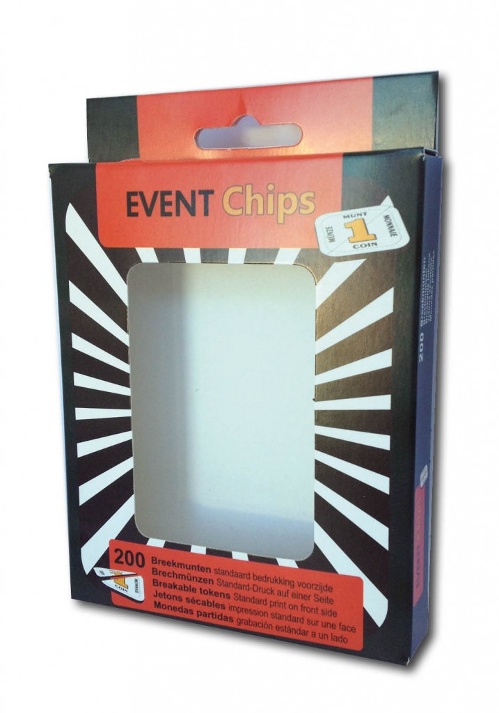 bedrukt hangend doosje voor spel met venster bedrukt in full color met logo event chips