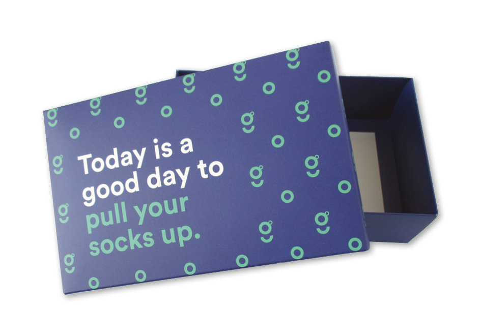 Doosje met los deksel voor sokken sock bedrukt in full color 120x190x60 mm