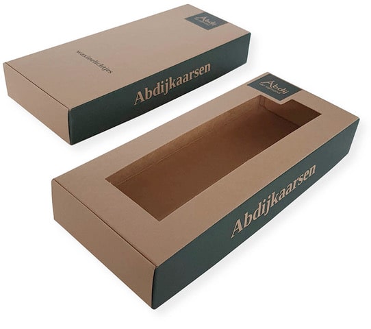 Bedrukte doos voor waxine kaarsen lichtjes van bruin kraft karton met venster met vaste klep 260x105x40 mm