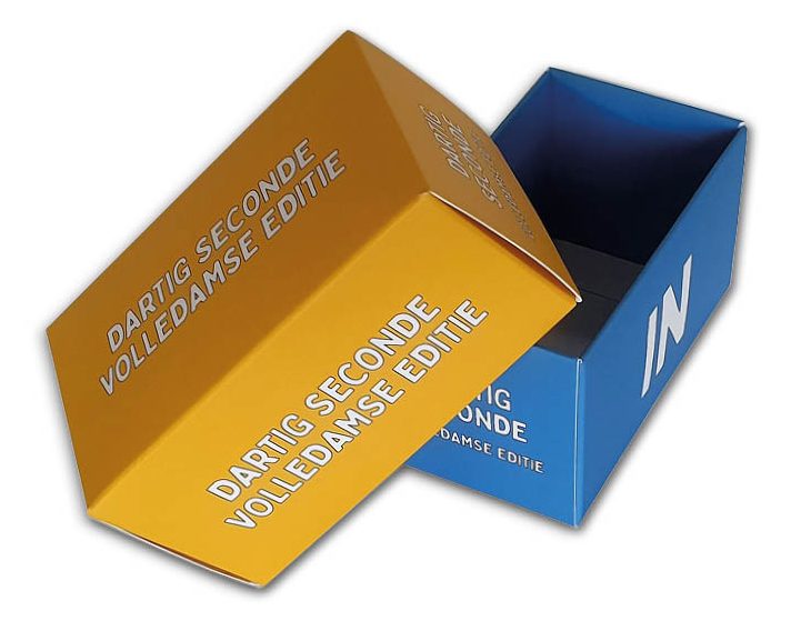 Doosje met los deksel voor spel kaarten bedrukt in geel en blauw 90x50x50 mm