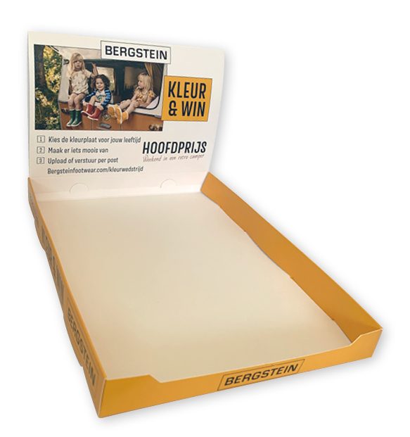 Bedrukte displaydoos baliedisplay van karton voor a4 inhoud zoals kleurplaat, leaflet, folder bedrukt in full color 215 x 302 x 28 mm