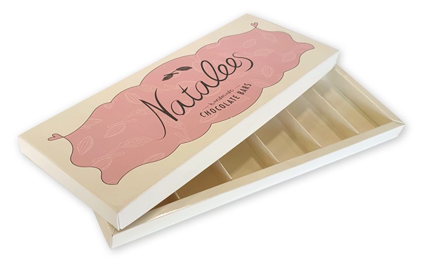 productverpakking repen chocolade Doosje doos met los deksel met opdruk in full color met logo 320 x 115 x 20 mm