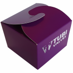 bonbondoosje bedrukt in huisstijl kleuren paars en zwart met logo