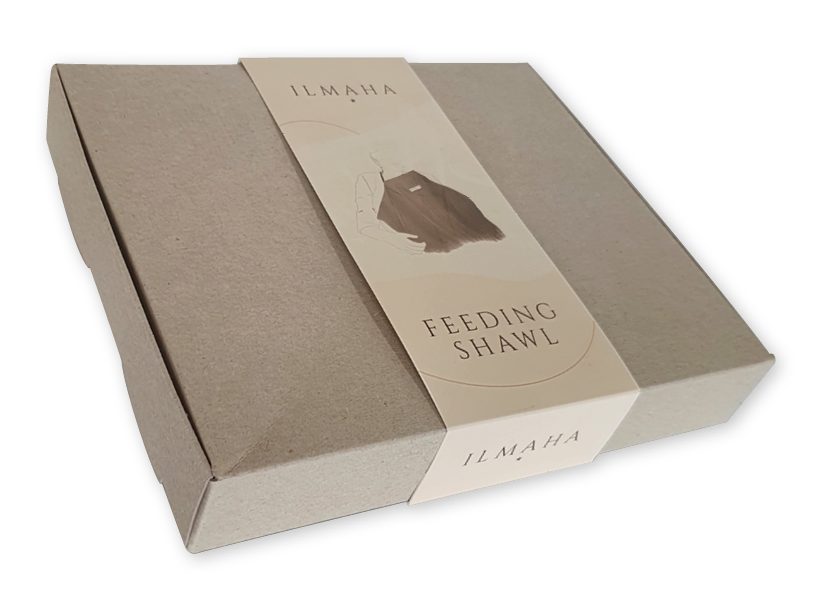 Doosje van grijs karton met bedrukte sleeve voor feeding shawl in full color met vaste klep 350 x 280 x 80 mm