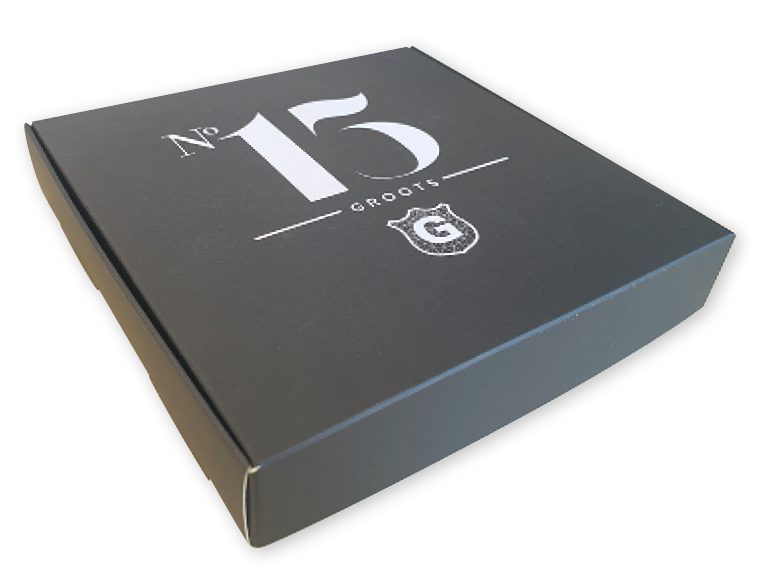vierkant doosje met vaste klep bedrukt met logo brievenbusdoosje verzenddoos in zwart wit 165 x 165 x 30 mm