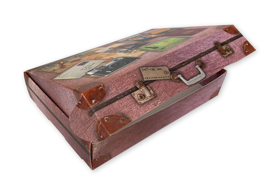 Bedrukt doosje a5 formaat in full color als reis koffer met vaste klep 224 x 154 x 44 mm