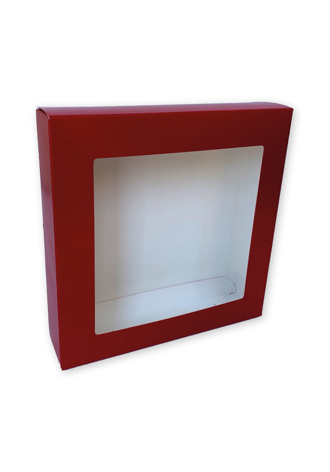 Bedrukt doosje vierkant met 2 klepjes en venster met of zonder folie 180 x 40 x 180 mm in rood